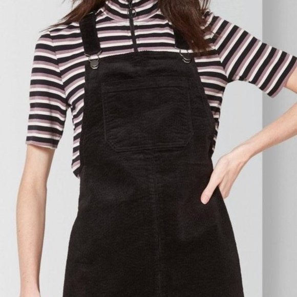 Black XS Corduroy Overall Mini Dress with Pockets - Picture 3 of 3